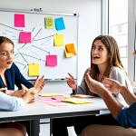 **

A diverse group of colleagues seated around a table, engaged in a lively brainstorming session. Sticky notes cover a whiteboard behind them, showcasing a mind map of learning strategies. One person is actively listening with a thoughtful expression, while another gestures enthusiastically as they share an idea. The atmosphere is collaborative and positive, with natural light streaming in from a window. The overall feeling is one of shared discovery and growth. Style: Bright, modern office setting; focus on expressions and interaction.

**