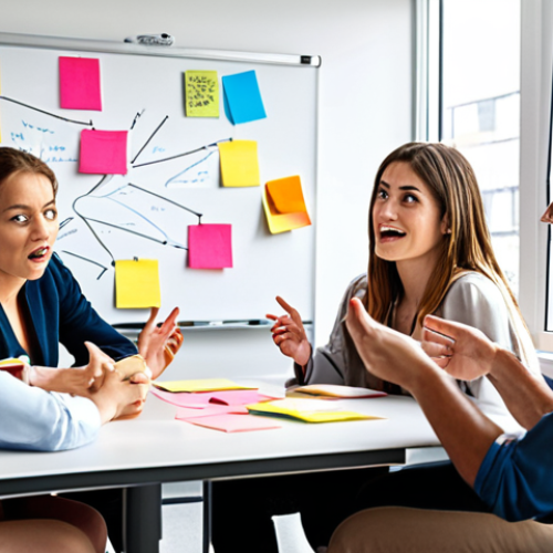 **

A diverse group of colleagues seated around a table, engaged in a lively brainstorming session. Sticky notes cover a whiteboard behind them, showcasing a mind map of learning strategies. One person is actively listening with a thoughtful expression, while another gestures enthusiastically as they share an idea. The atmosphere is collaborative and positive, with natural light streaming in from a window. The overall feeling is one of shared discovery and growth. Style: Bright, modern office setting; focus on expressions and interaction.

**