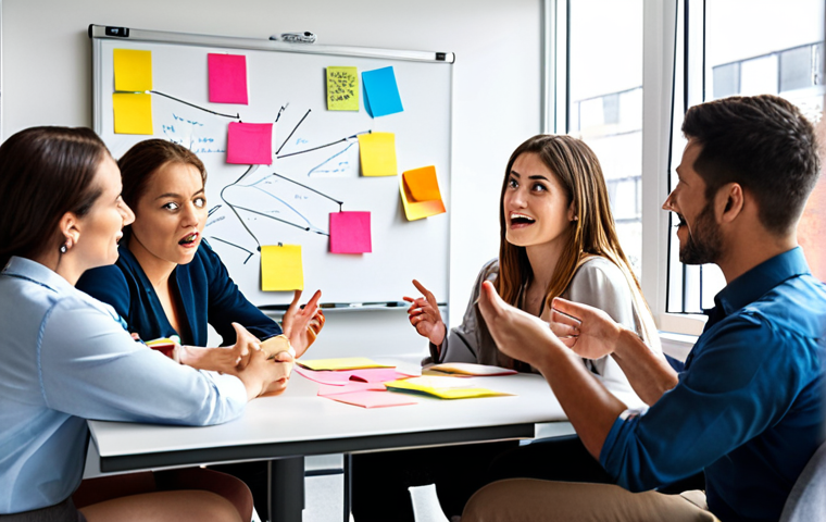 **
A diverse group of colleagues seated around a table, engaged in a lively brainstorming session. Sticky notes cover a whiteboard behind them, showcasing a mind map of learning strategies. One person is actively listening with a thoughtful expression, while another gestures enthusiastically as they share an idea. The atmosphere is collaborative and positive, with natural light streaming in from a window. The overall feeling is one of shared discovery and growth. Style: Bright, modern office setting; focus on expressions and interaction.
**